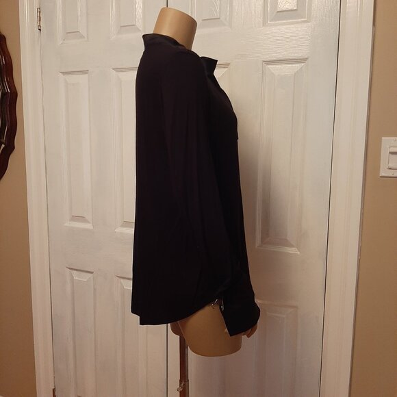 LORD & TAYLOR Classic Black V-neck Long Sleeve Blouse w Satin Neck Tie - Size L - Picture 3 of 12